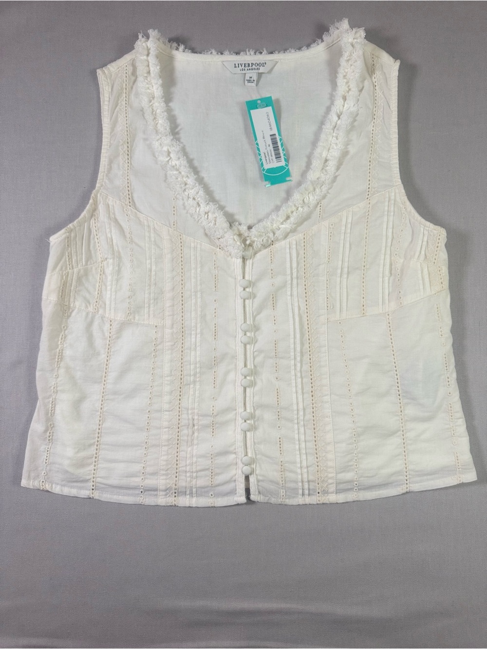 Liverpool Los Angeles Pin Tuck V-Neck Sleeveless Top Cream Embroidered M